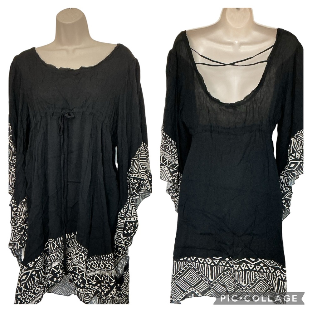 NWT Ciel Black Bell Sleeve Dress Print Trim Criss Cross Back Size Small